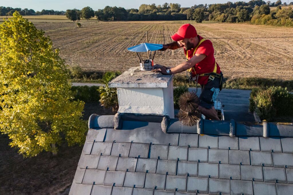 Vue depuis un drone d'un ramoneur sur un toit à Guipry-Messac